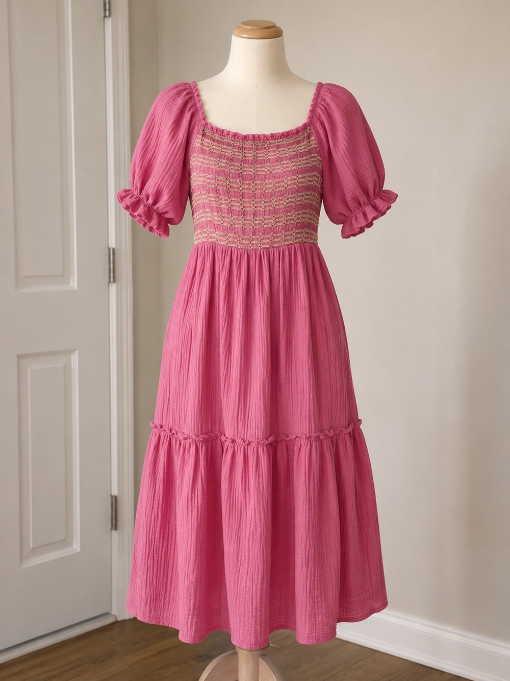 Smocked Puff-Sleeve Midi Dress in Pink